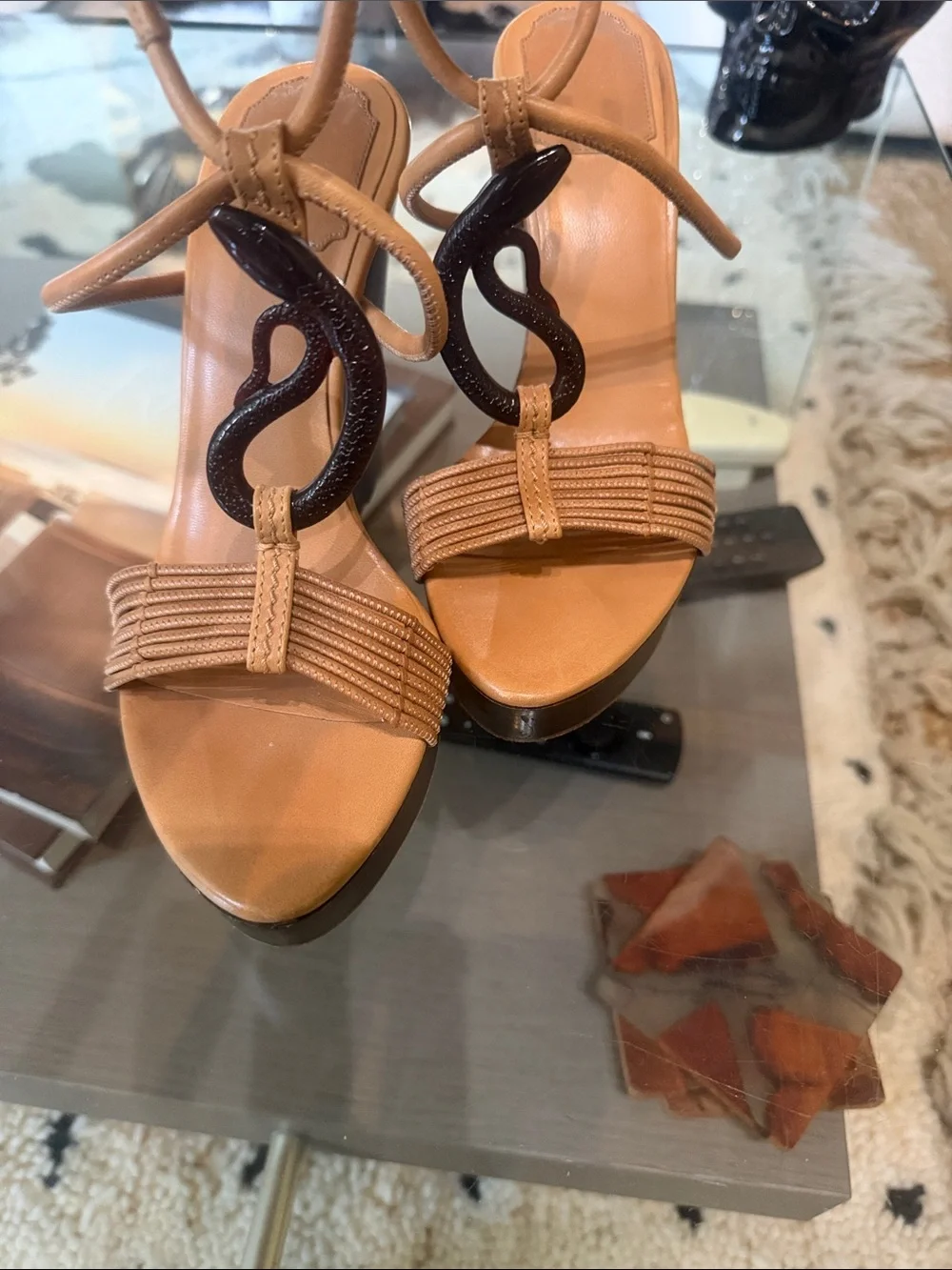 Dior Tan Leather Wedge Sandals with Dark Brown Serpent Accent